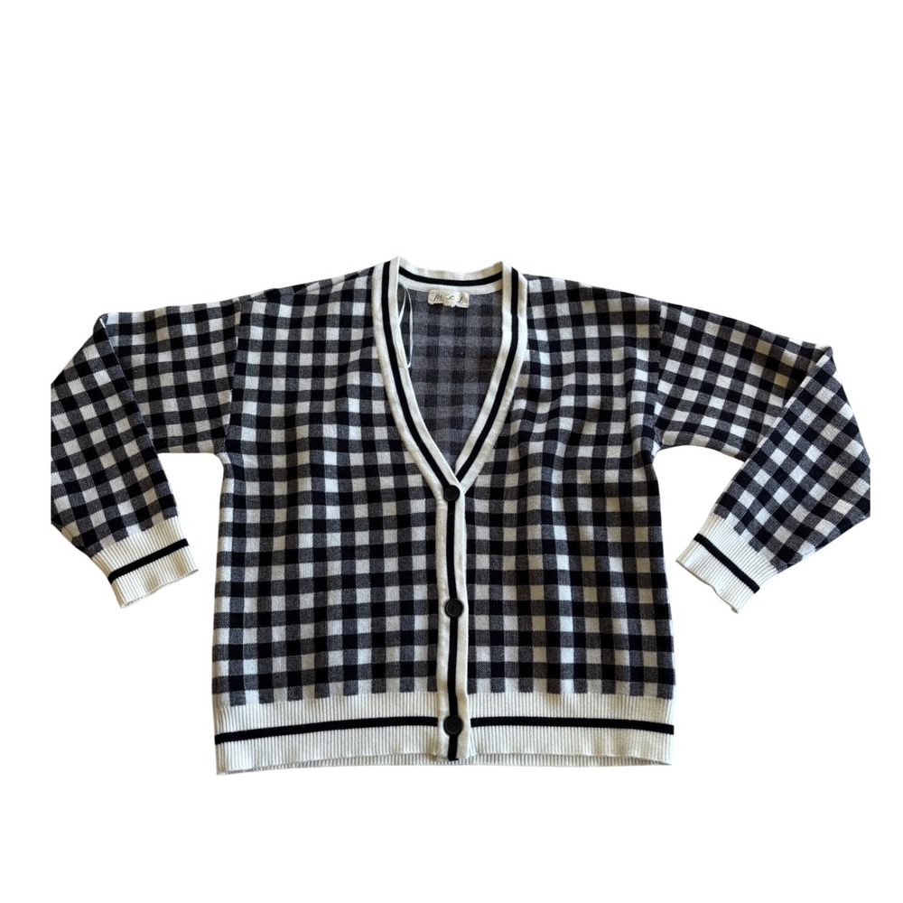 Marled Womens‎ Black White Gingham Checkered Button Front Cardigan Sweater Large